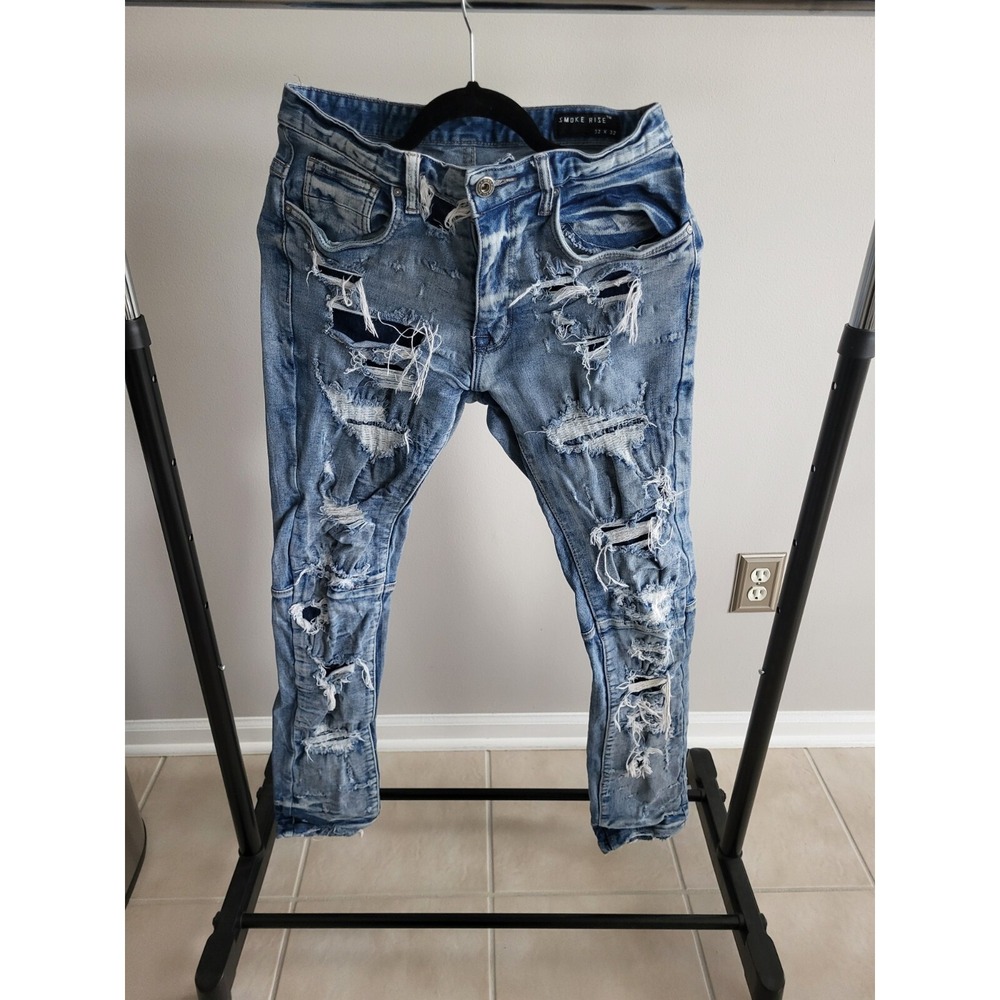 Smoke Rise MEN ESSENTIALS DISTRESSED DENIM SLIM TAPERED FIT JEANS BLUE 32/32